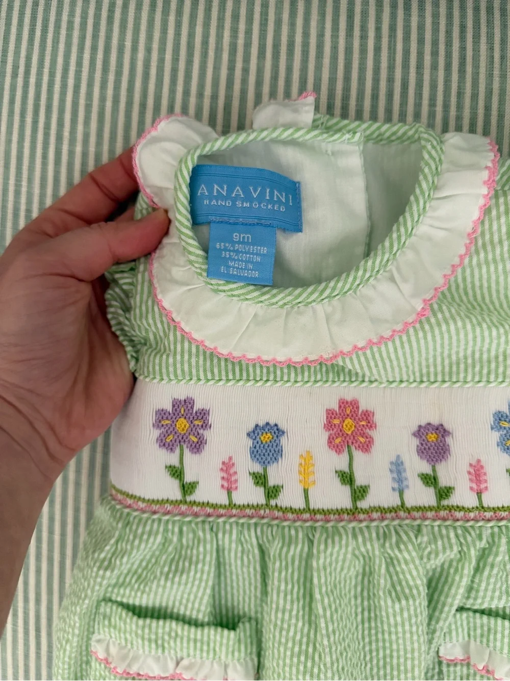 Anavini Baby Green Floral Embroidered Cotton Romper - 9M